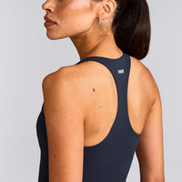 SoftMotion™ Racer Back Tank Top with Built in Bra Shelf with Grey Logo | True Blue