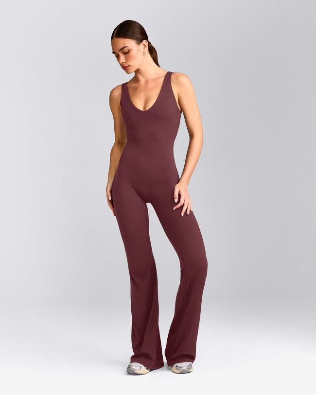 SoftMotion™ Scoop Back Flared All In One Long with Grey Logo | Velvet Mocha