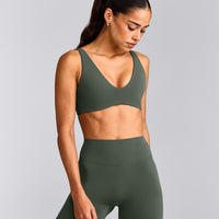 SoftMotion™ Scoop Back Bralette with Grey Logo | Dark Khaki
