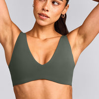 SoftMotion™ Scoop Back Bralette with Grey Logo | Dark Khaki