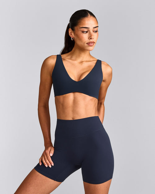 SoftMotion™ Scoop Back Bralette with Grey Logo | True Blue