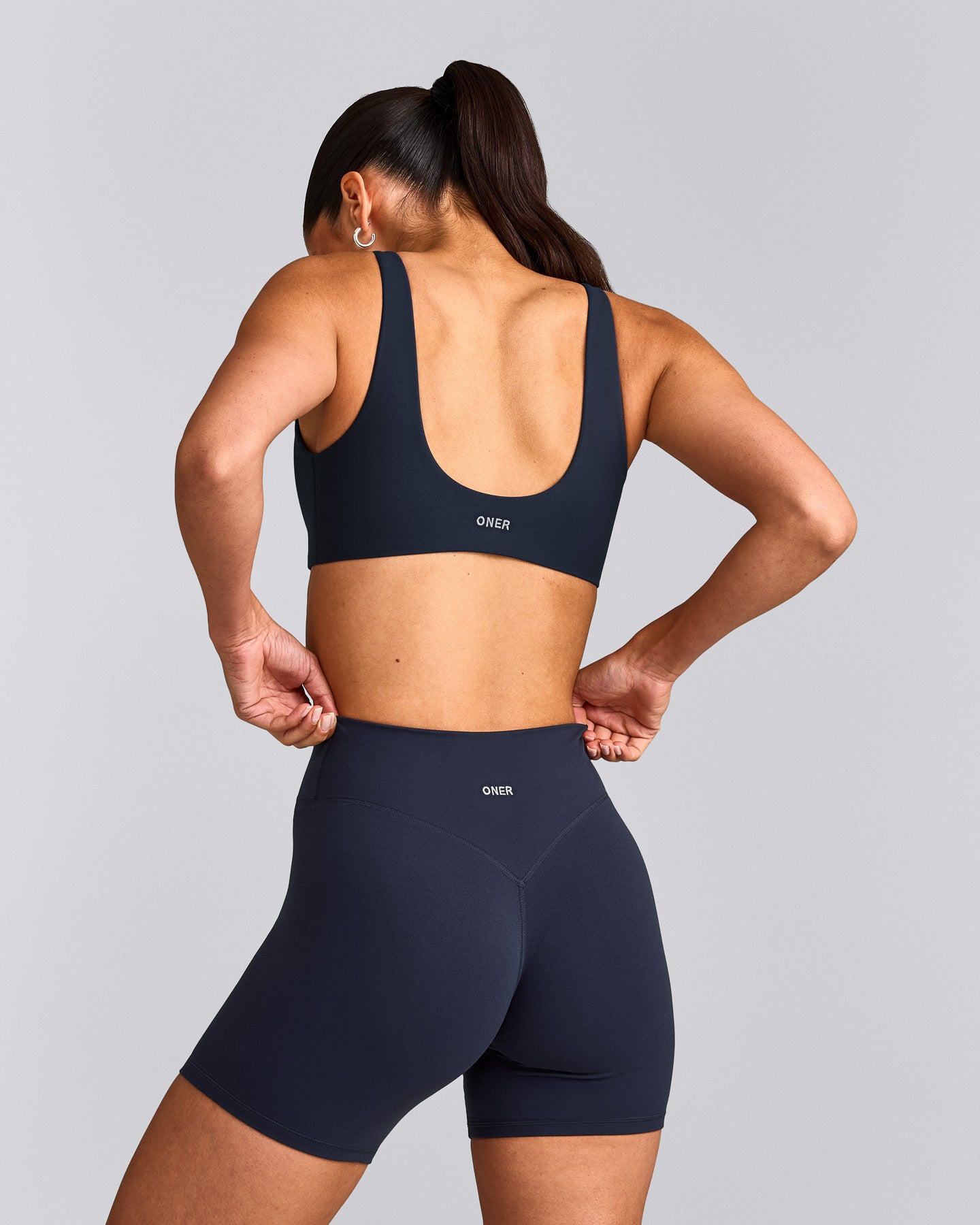 SoftMotion™ Scoop Back Bralette with Grey Logo | True Blue
