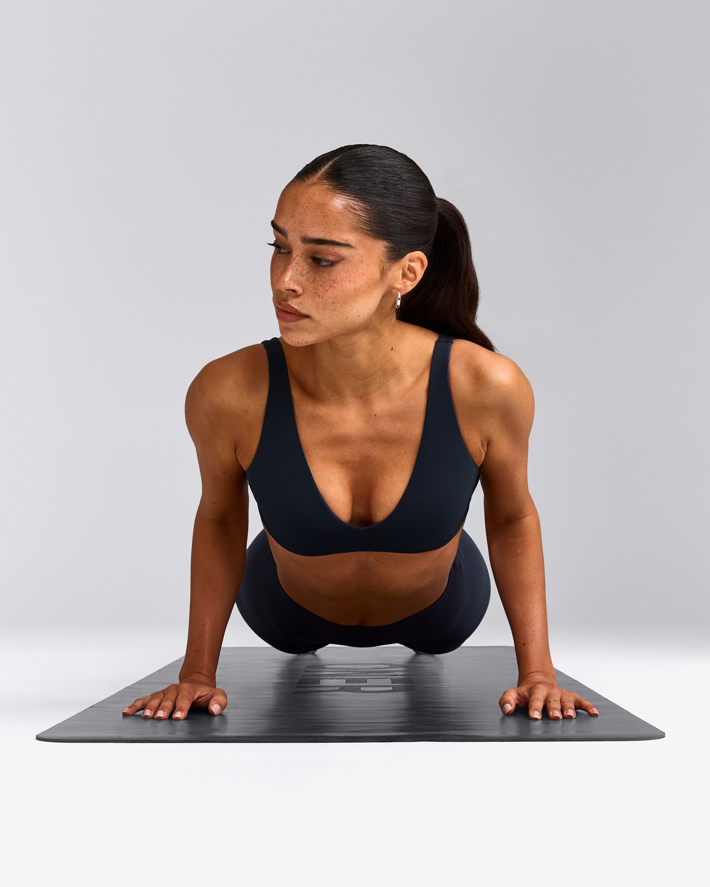 SoftMotion™ Scoop Back Bralette with Grey Logo | True Blue