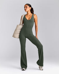 SoftMotion™ Scoop Back Flared All In One Long with Grey Logo | Dark Khaki