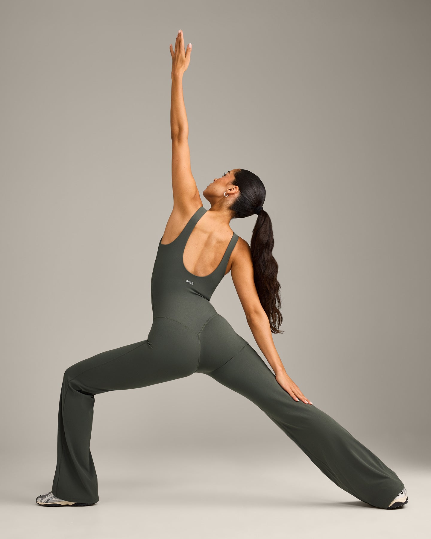 SoftMotion™ Scoop Back Flared All In One Long with Grey Logo | Dark Khaki