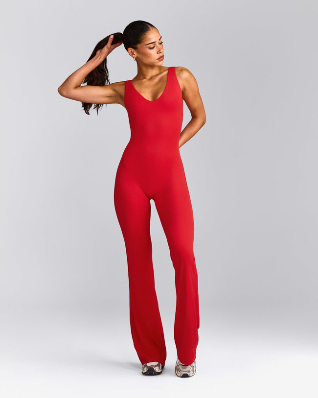 SoftMotion™ Scoop Back Flared All In One Long with Grey Logo | Fiery Red