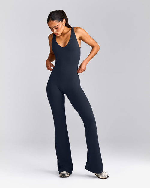 SoftMotion™ Scoop Back Flared All In One Long with Grey Logo | True Blue