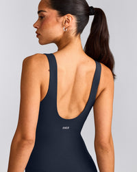 SoftMotion™ Scoop Back Flared All In One Long with Grey Logo | True Blue