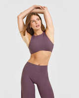 SoftMotion™ High Neck Sports Bra with White Logo | Vintage Purple