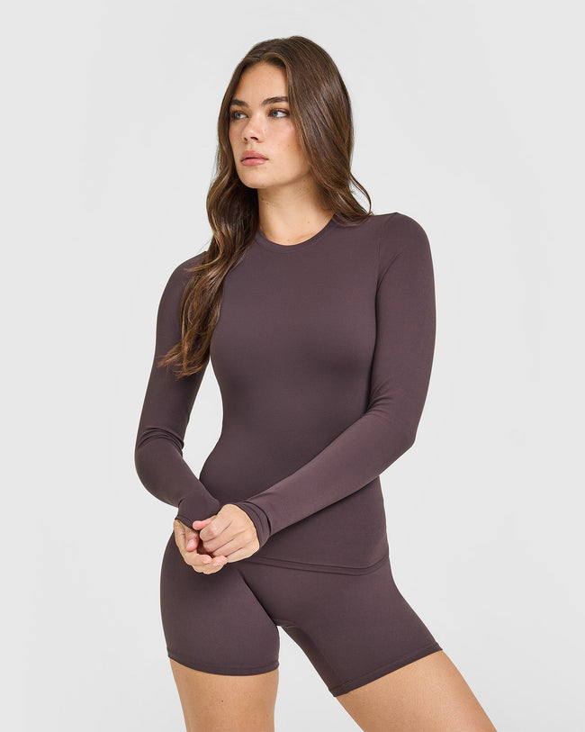SoftMotion™ Long Sleeve Top with White Logo | Dark Umber Brown