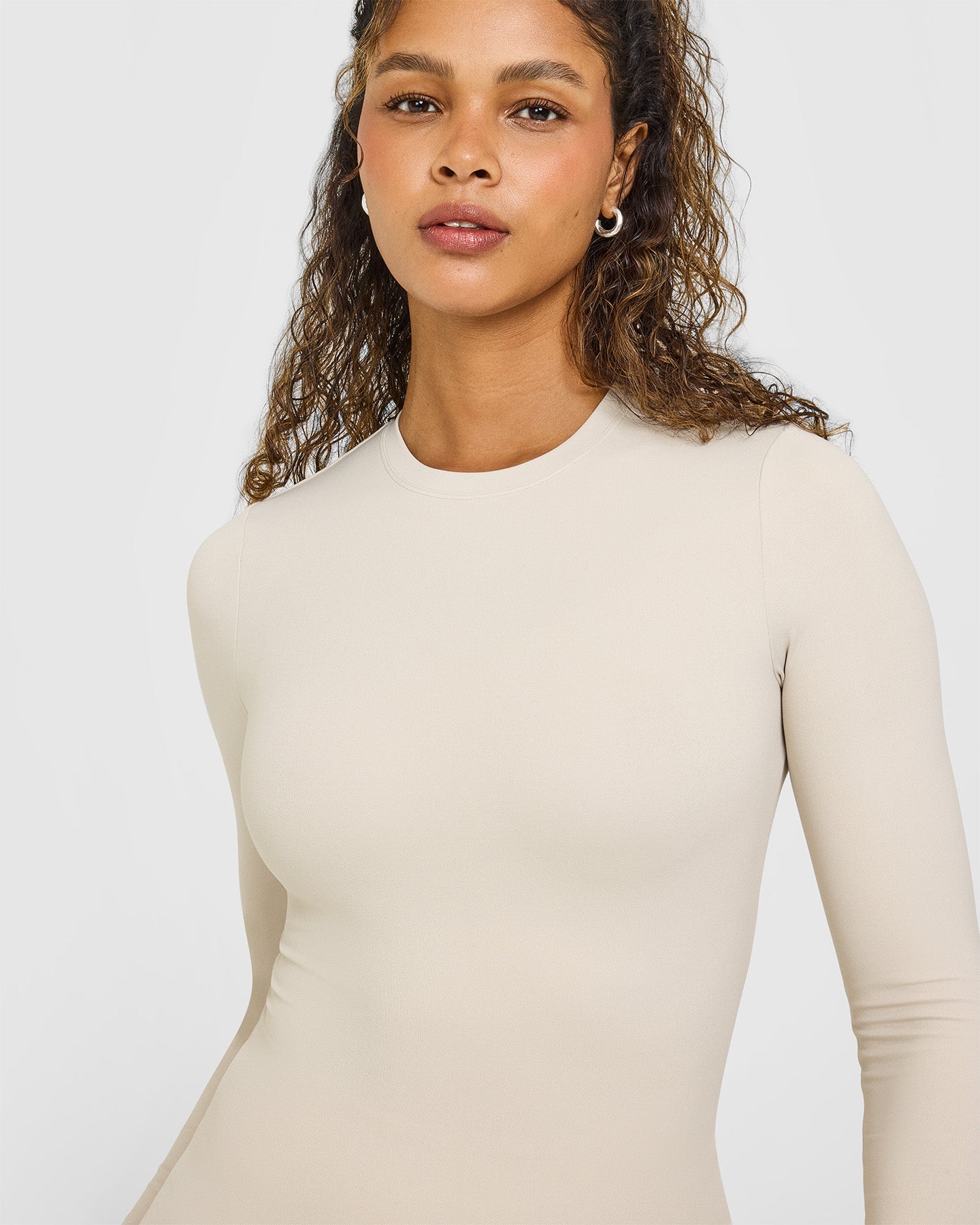 SoftMotion™ Long Sleeve Top with White Logo | Sand