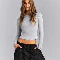 Fitted Cotton Long Sleeve Crew Neck Top | Mid Grey Marl