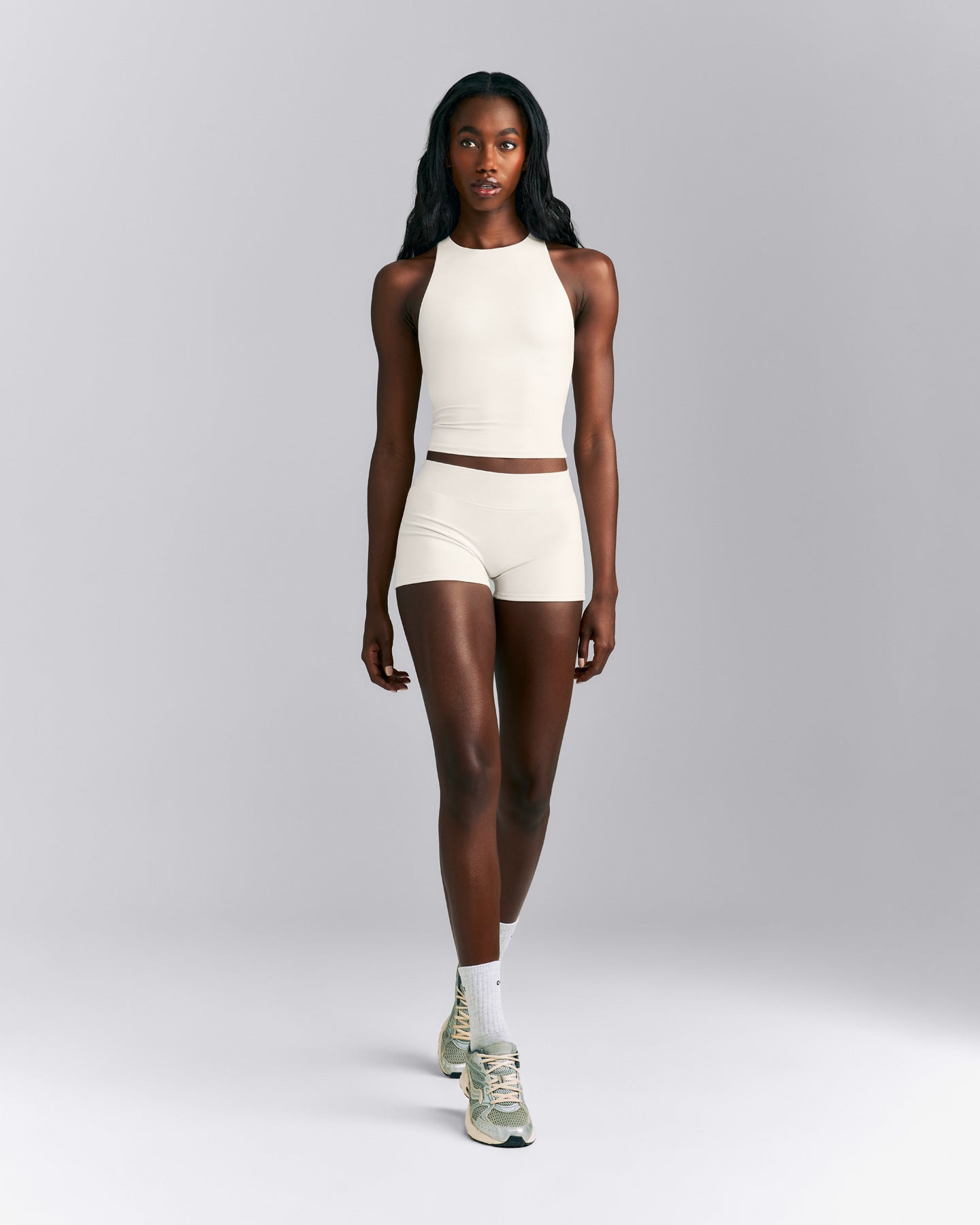 SoftMotion™ High Neck Mid Tank with Built in Bra Shelf | Marshmallow White