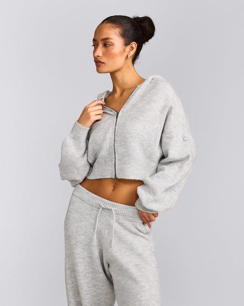 Oversized Knit Zip Through Mid Hoodie | Light Grey Marl