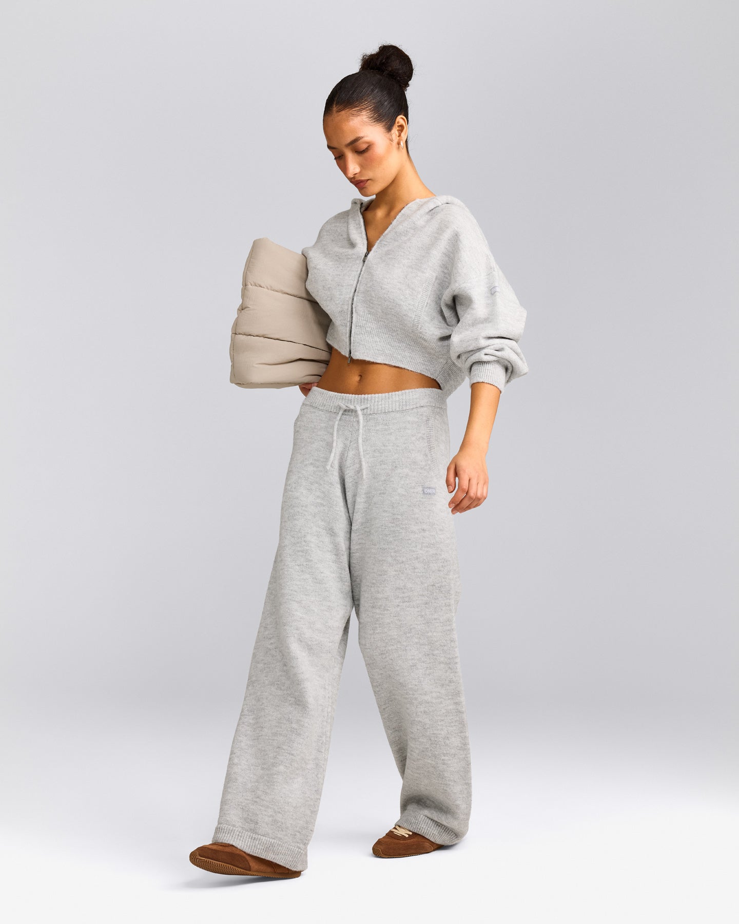 Oversized Knit Zip Through Mid Hoodie | Light Grey Marl