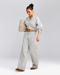 Oversized Knit Zip Through Mid Hoodie | Light Grey Marl