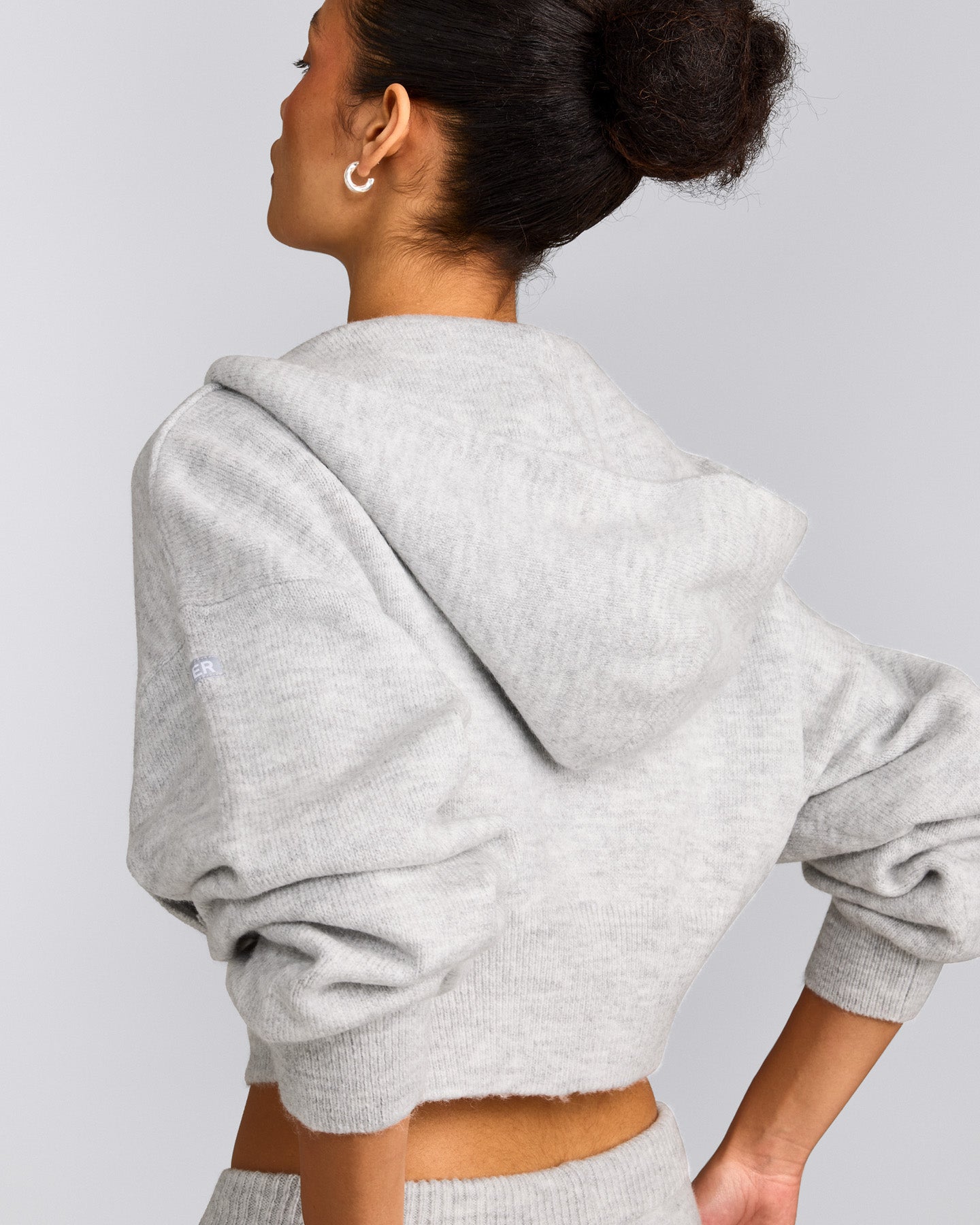 Oversized Knit Zip Through Mid Hoodie | Light Grey Marl