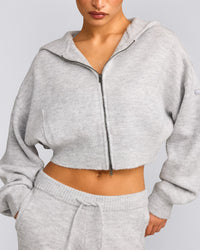 Oversized Knit Zip Through Mid Hoodie | Light Grey Marl
