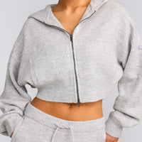 Oversized Knit Zip Through Mid Hoodie | Light Grey Marl