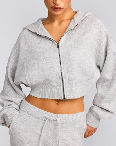 Oversized Knit Zip Through Mid Hoodie | Light Grey Marl