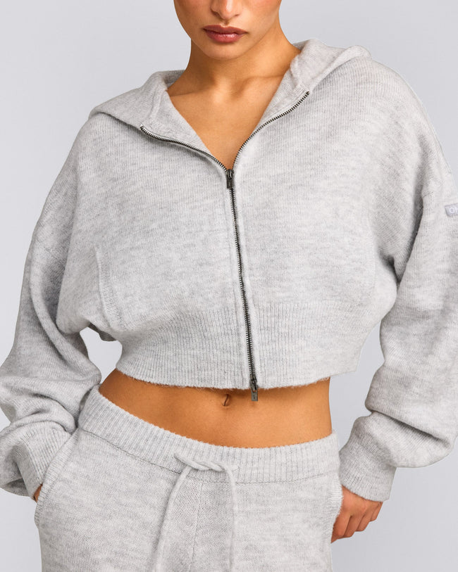 Oversized Knit Zip Through Mid Hoodie | Light Grey Marl