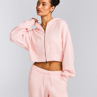 Oversized Knit Zip Through Mid Hoodie | Soft Girl Pink