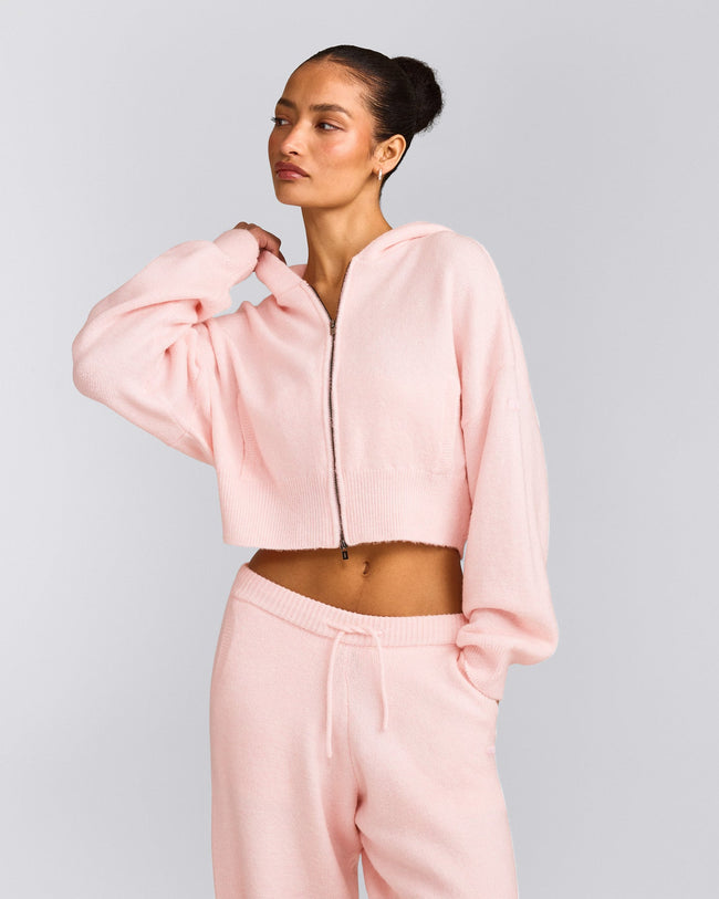 Oversized Knit Zip Through Mid Hoodie | Soft Girl Pink