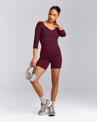 Mellow™ Motion Wide V Neck 3/4 Length Sleeve Mid Top | Cherry Lacquer Purple