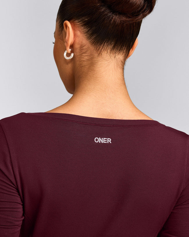 Mellow™ Motion Wide V Neck 3/4 Length Sleeve Mid Top | Cherry Lacquer Purple