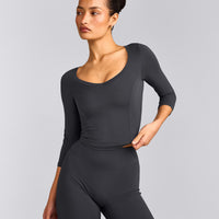 Mellow™ Motion Wide V Neck 3/4 Length Sleeve Mid Top | Coal