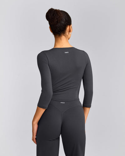 Mellow™ Motion Wide V Neck 3/4 Length Sleeve Mid Top | Coal