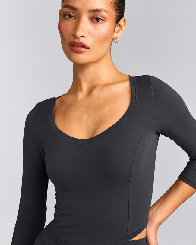 Mellow™ Motion Wide V Neck 3/4 Length Sleeve Mid Top | Coal