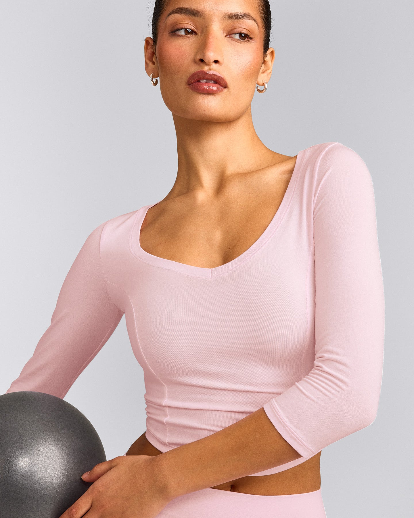 Mellow™ Motion Wide V Neck 3/4 Length Sleeve Mid Top | Soft Girl Pink