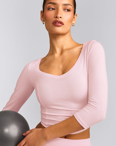 Mellow™ Motion Wide V Neck 3/4 Length Sleeve Mid Top | Soft Girl Pink