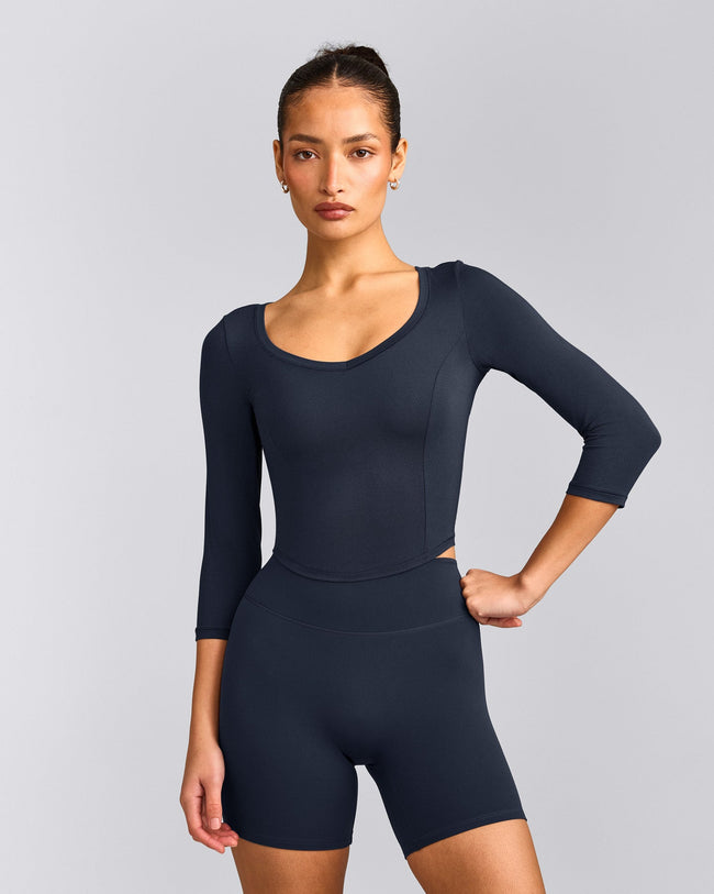 Mellow™ Motion Wide V Neck 3/4 Length Sleeve Mid Top | True Blue