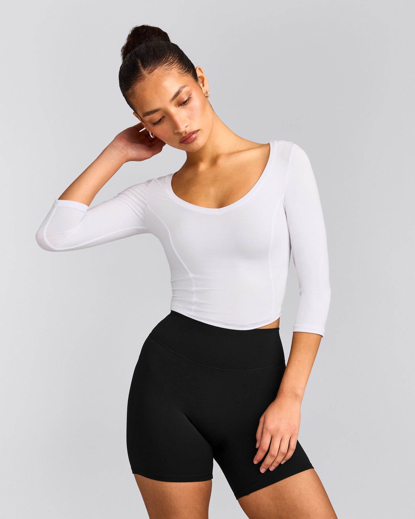 Mellow™ Motion Wide V Neck 3/4 Length Sleeve Mid Top | White
