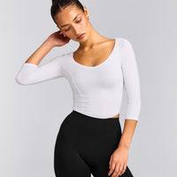 Mellow™ Motion Wide V Neck 3/4 Length Sleeve Mid Top | White