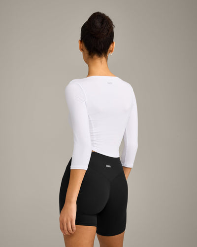 Mellow™ Motion Wide V Neck 3/4 Length Sleeve Mid Top | White