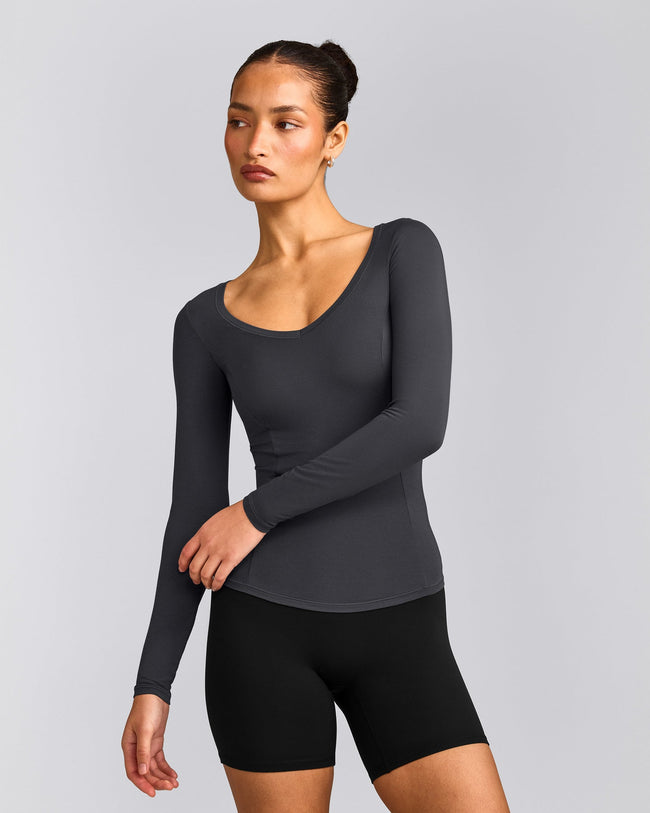 Mellow™ Motion Wide V Neck Long Sleeve Top | Coal