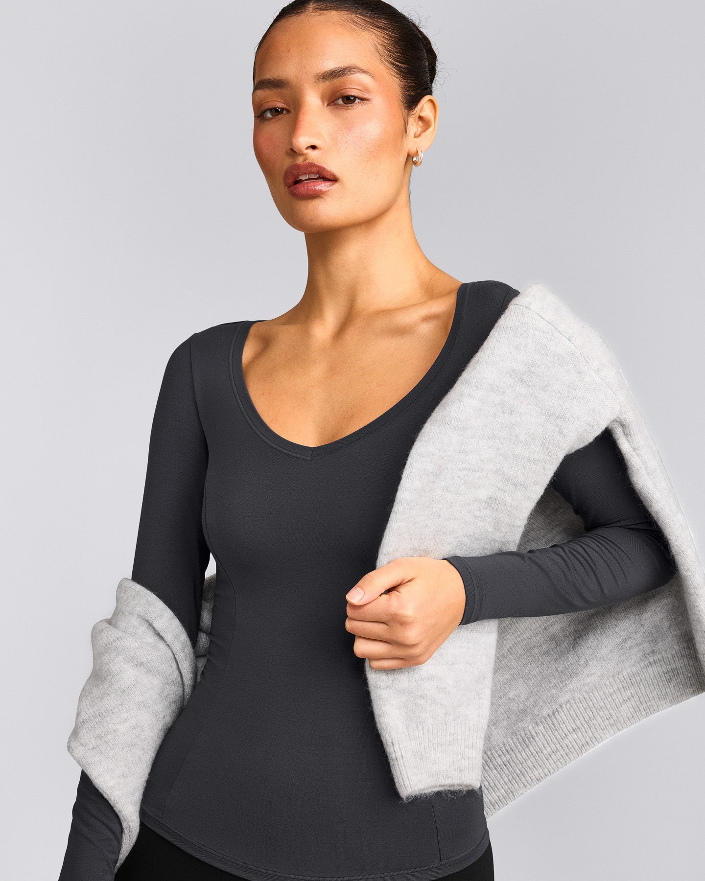 Mellow™ Motion Wide V Neck Long Sleeve Top | Coal