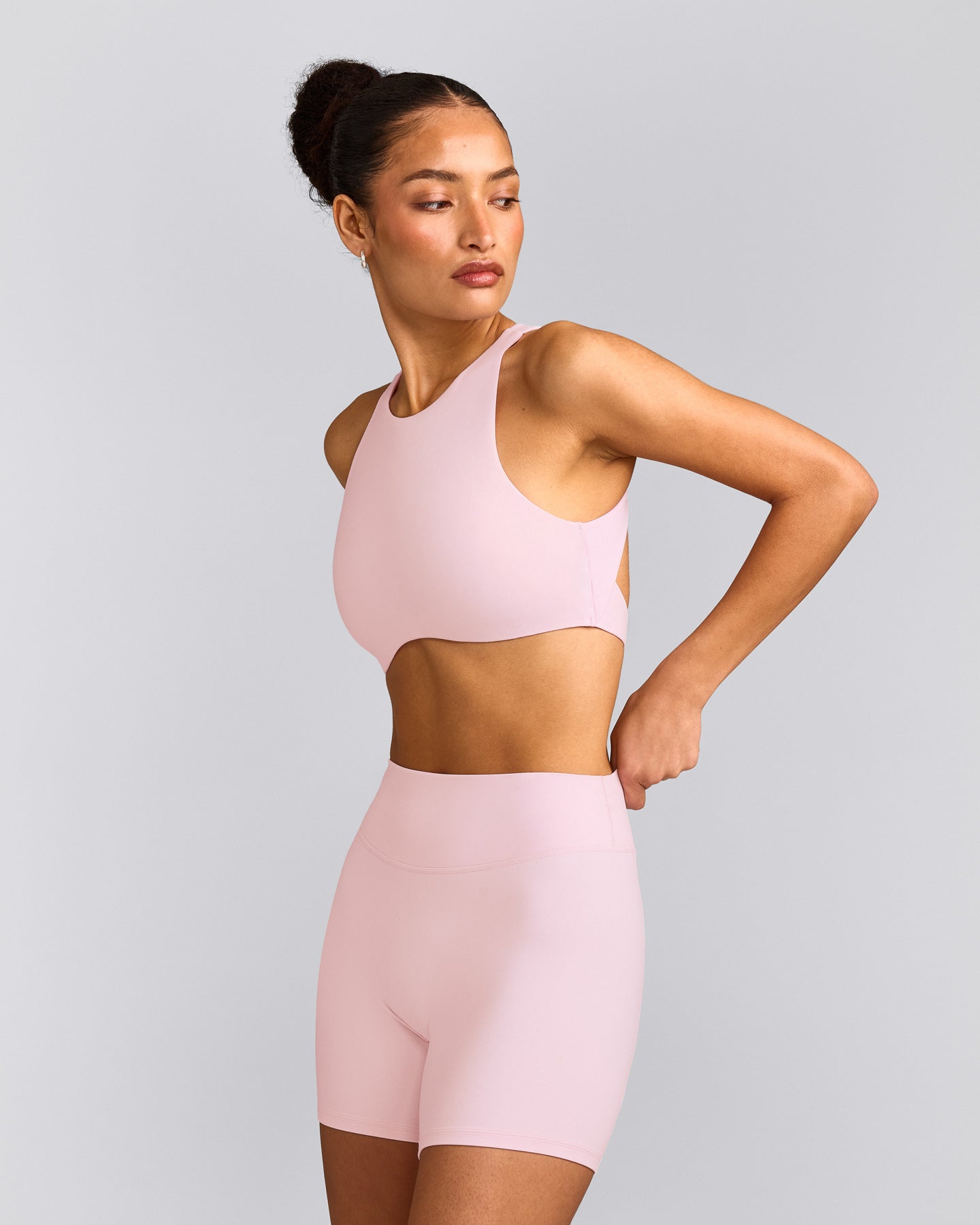 SoftMotion™ High Neck Sports Bra with Grey Logo | Soft Girl Pink