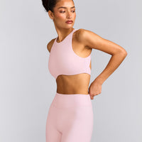 SoftMotion™ High Neck Sports Bra with Grey Logo | Soft Girl Pink