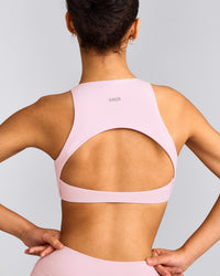 SoftMotion™ High Neck Sports Bra with Grey Logo | Soft Girl Pink