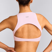 SoftMotion™ High Neck Sports Bra with Grey Logo | Soft Girl Pink