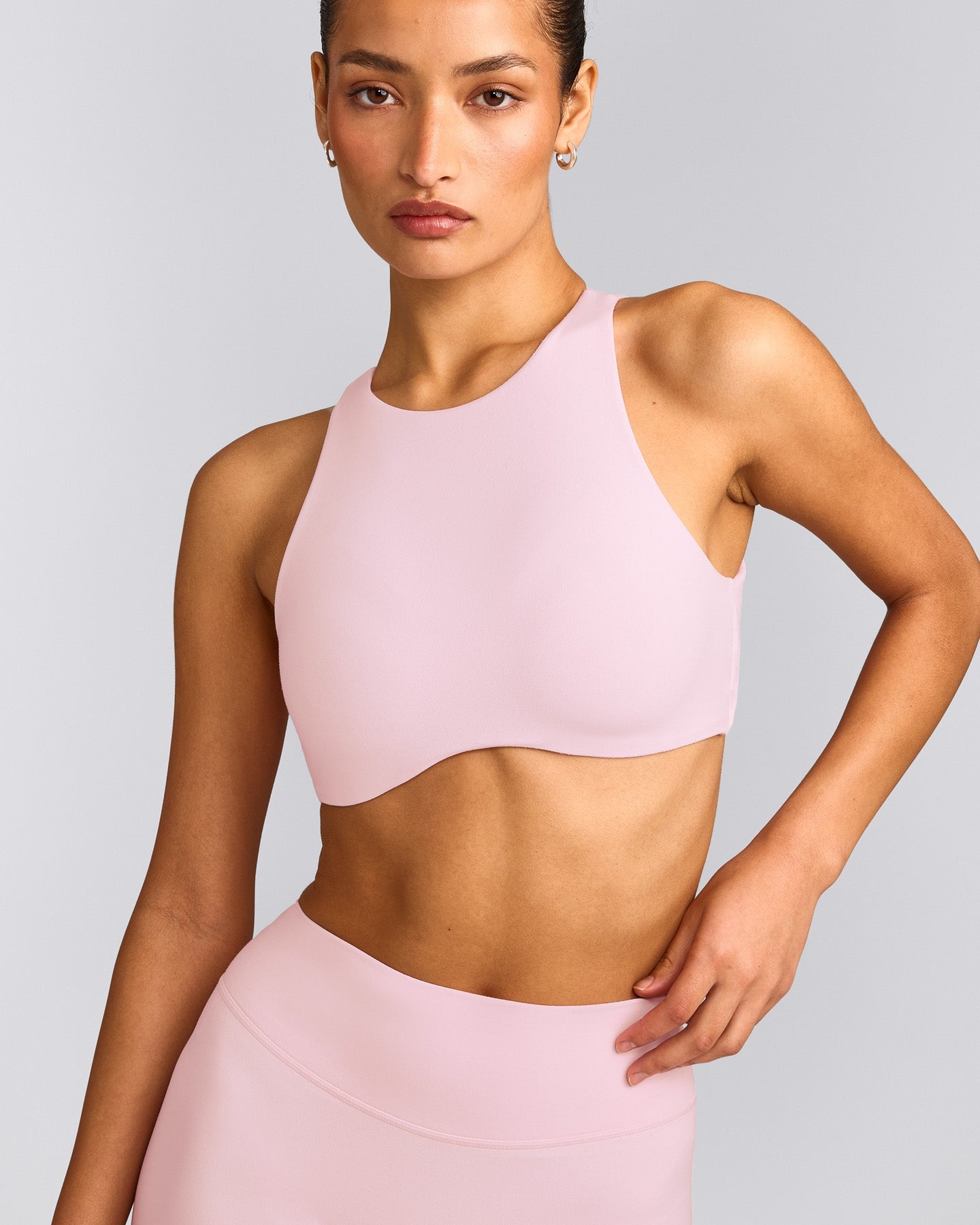 SoftMotion™ High Neck Sports Bra with Grey Logo | Soft Girl Pink