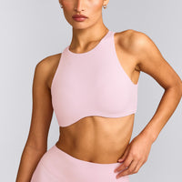 SoftMotion™ High Neck Sports Bra with Grey Logo | Soft Girl Pink