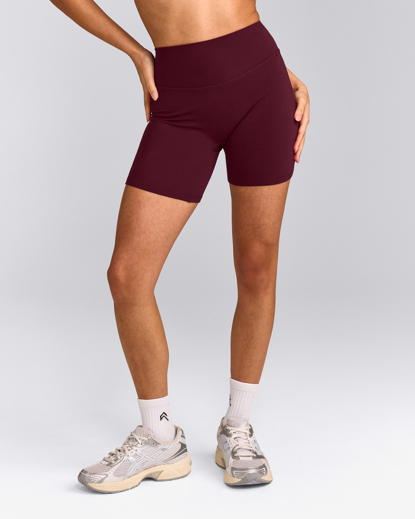 SoftMotion™ High Waisted Shorts 6" with Grey Logo | Cherry Lacquer Purple