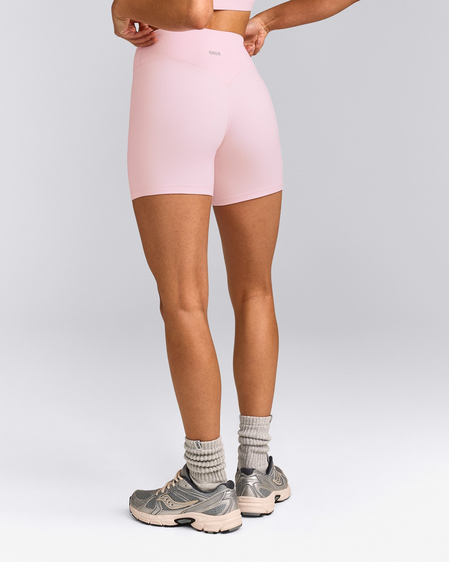 SoftMotion™ High Waisted Shorts 6" with Grey Logo | Soft Girl Pink