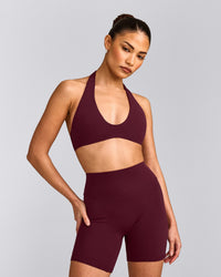 SoftMotion™ Minimal Halter Neck Bralette with Grey Logo | Cherry Lacquer Purple