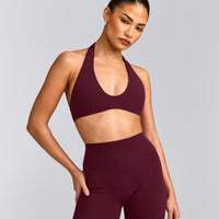 SoftMotion™ Minimal Halter Neck Bralette with Grey Logo | Cherry Lacquer Purple